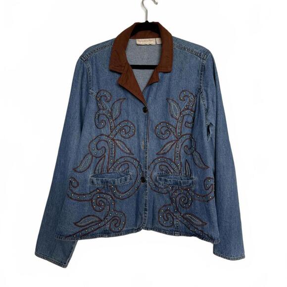 Vintage Western Embroidered Denim Jacket with Brown Collar - Picture 3 of 6